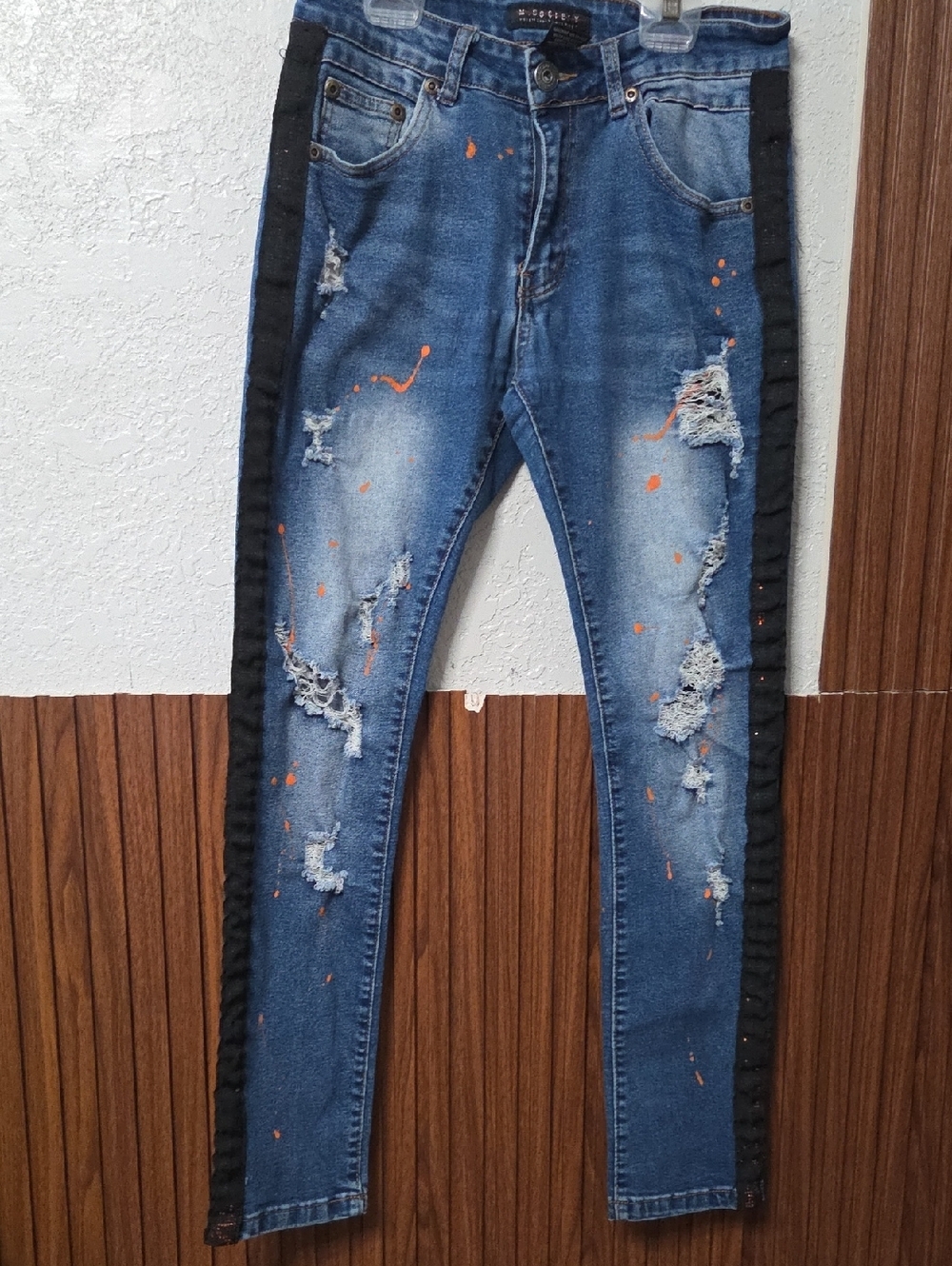 Blue Distressed Skinny Jeans with Black Side Panels Sise 30x30 [1052]